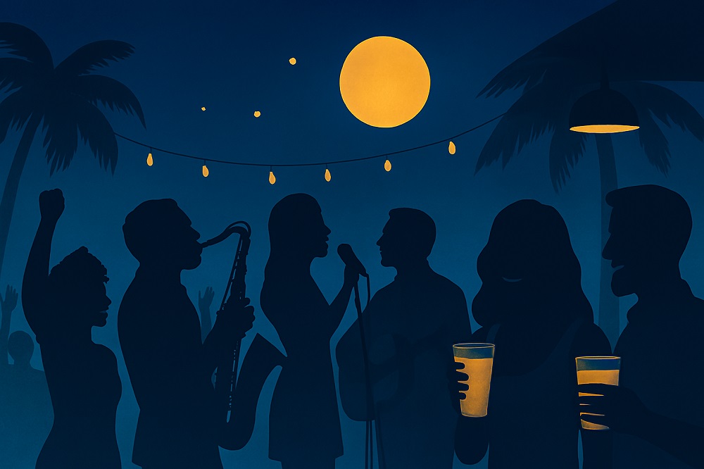 Moonlight silhouette scene of revelers